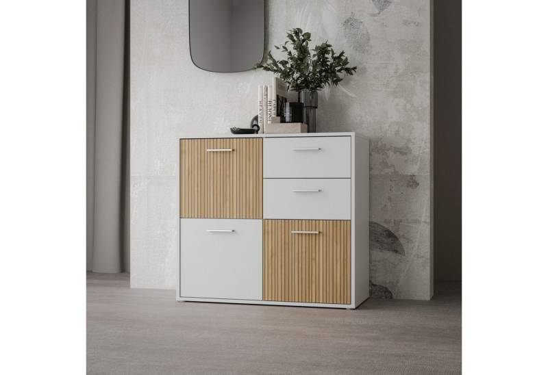 FORTE Kommode mit 4 Türen, in Weiss / Lamela Eiche Dekor - 93,5x95,1x40cm (BxHxT) von FORTE
