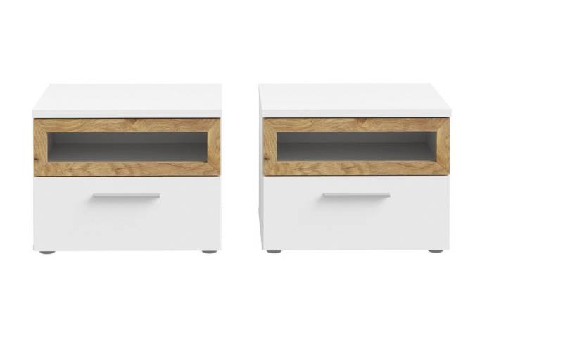 FORTE Nachtkommode 2er Set, 1 Schublade, 1 Fach, weiß, Eiche Dekor - 52x40,8x41,3cm BxHxT von FORTE