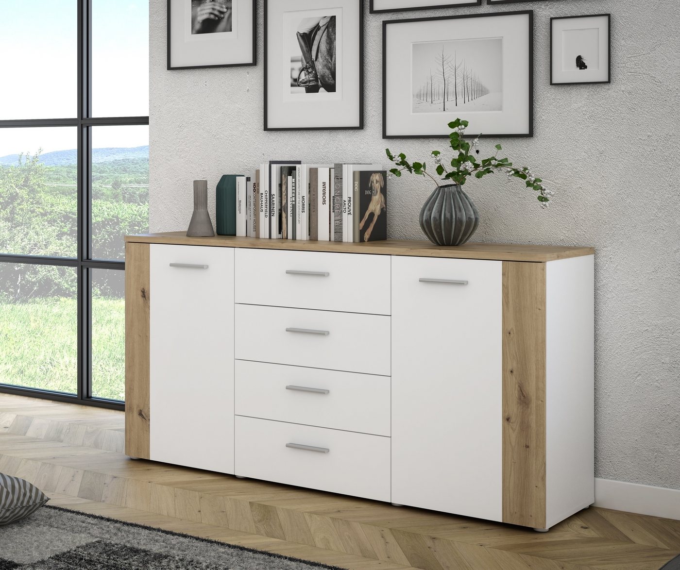 FORTE Sideboard in Weiss / Artisan Eiche - 159,6x82,4x41,6cm (BxHxT) von FORTE