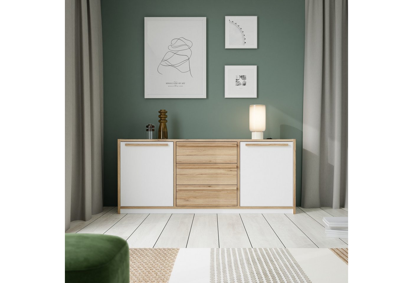 FORTE Sideboard in Weiss / Catania Eiche Dekor - 159,4x74,2x42cm (BxHxT) von FORTE