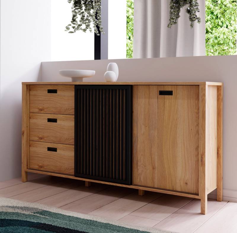 FORTE Sideboard Jytana, Breite 174,8 cm, Tür mit Lamellenoptik, Mauvella Eiche / Schwarz von FORTE