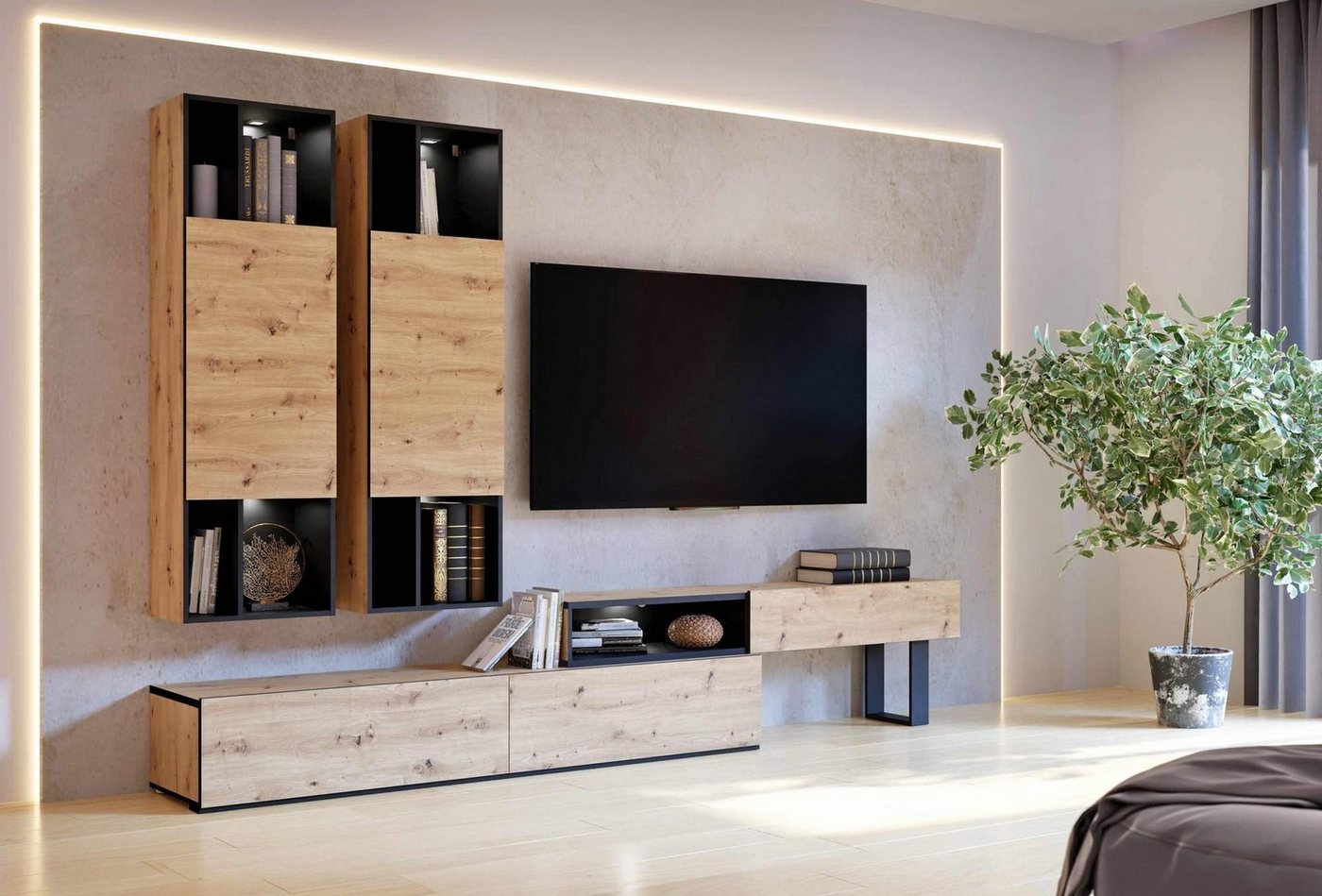 FORTE Wohnwand Wohnkombination KAELON, 3-tlg. Optik: Artisan Eiche, von Forte, (Komplett-Set, 3-St., 1x Lowboard, 2x Hängeschrank) von FORTE