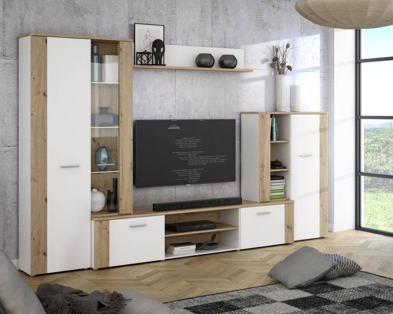 FORTE Wohnwand in Weiss / Artisan Eiche - 310x197,6x41,6cm (BxHxT) von FORTE