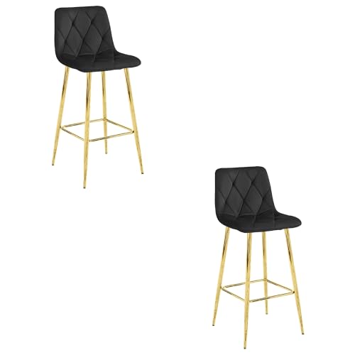 FORTENA 2X Barhocker NADO Samt Gold Küchenhocker Tresenhocker Skandinavisch (Schwarz + Goldener Sockel) von FORTENA
