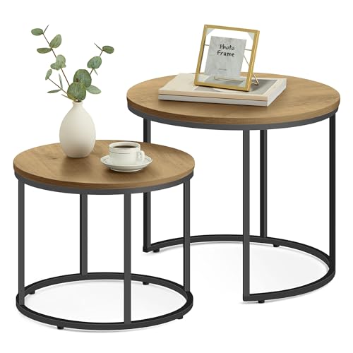 FORTENA 2er Set Couchtische, Schwarze oder goldene Metallbeine, Industrial-Stil, Raund (Eiche – Schwarze Tischbeine) von FORTENA
