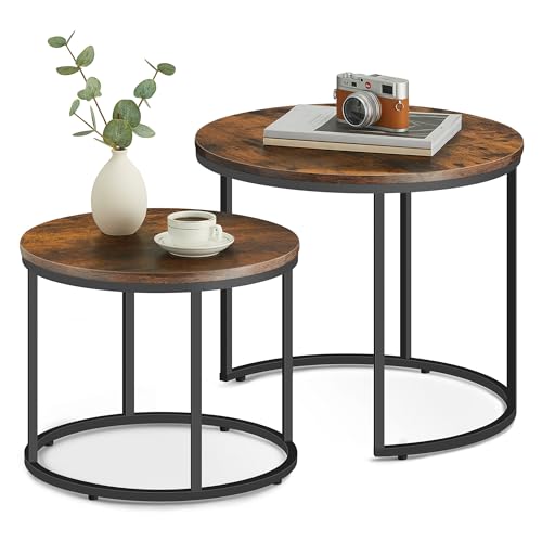FORTENA 2er Set Couchtische, Schwarze oder goldene Metallbeine, Industrial-Stil, Raund (Rustikal – Schwarze Beine) von FORTENA