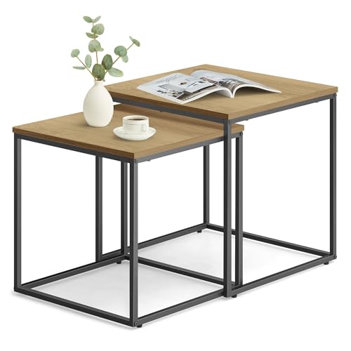 FORTENA Set mit 2 Couchtischen Beistelltisch Wohnzimmertisch Schwarz oder Gold Metall Quadratisch (Eiche - Eiche – Schwarze Tischbeine) von FORTENA