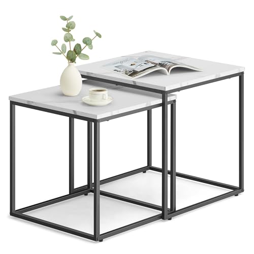 FORTENA Set mit 2 Couchtischen Beistelltisch Wohnzimmertisch Schwarz oder Gold Metall Quadratisch (Marmor – Schwarze Tischbeine) von FORTENA