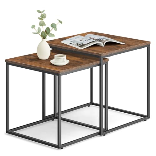 FORTENA Set mit 2 Couchtischen Beistelltisch Wohnzimmertisch Schwarz oder Gold Metall Quadratisch (Rustikal – Schwarze Tischbeine) von FORTENA