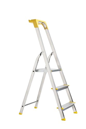 FORTENA Stehleiter Haushaltsleiter mit gelb Ablage Leiter Aluminium mit Regal 3 Stufen von FORTENA