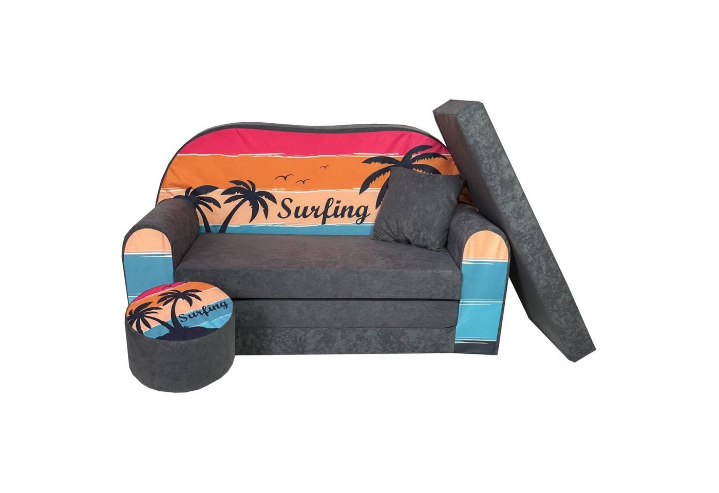 FORTISLINE Kindersitzgruppe Kindersofa Kindercouch Aufklappen Bettfunktion + Hocker W319 von FORTISLINE