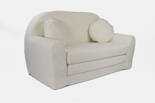 FORTISLINE - Kindersofa David - Klappsofa mit Verlängerung aus Plüsch - Schlafcouch 100 x 60 x 50 cm - Ausklappbares Sofa mit 2 Kissen - Oeko-TEX Zertifiziert - in 6 Farben - Beige von FORTISLINE