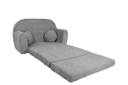 FORTISLINE - Kindersofa David - Klappsofa mit Verlängerung aus Plüsch - Schlafcouch 100 x 60 x 50 cm - Ausklappbares Sofa mit 2 Kissen - Oeko-TEX Zertifiziert - in 6 Farben - Hellgrau von FORTISLINE