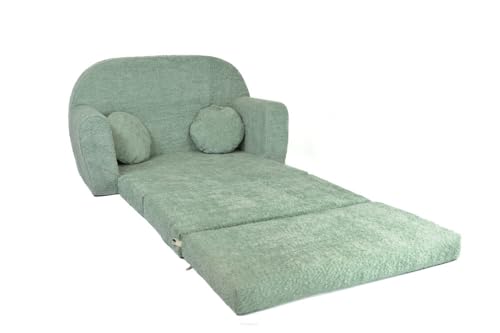 FORTISLINE - Kindersofa David - Klappsofa mit Verlängerung aus Plüsch - Schlafcouch 100 x 60 x 50 cm - Ausklappbares Sofa mit 2 Kissen - Oeko-TEX Zertifiziert - in 6 Farben - Hellgrün von FORTISLINE
