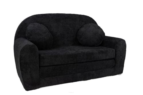 FORTISLINE - Kindersofa David - Klappsofa mit Verlängerung aus Plüsch - Schlafcouch 100 x 60 x 50 cm - Ausklappbares Sofa mit 2 Kissen - Oeko-TEX Zertifiziert - in 6 Farben - Schwarz von FORTISLINE