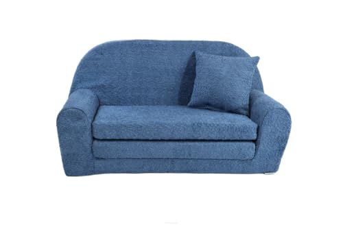 FORTISLINE - Kindersofa David Mini - Ausklappbares Mini-Sofa aus Plüsch mit Verlängerung - Schlafcouch 78 x 45 x 40 cm - Kinder Sitzsofa Oeko-TEX Zertifiziert - inkl. Kissen - in 6 Farben - Blau von FORTISLINE