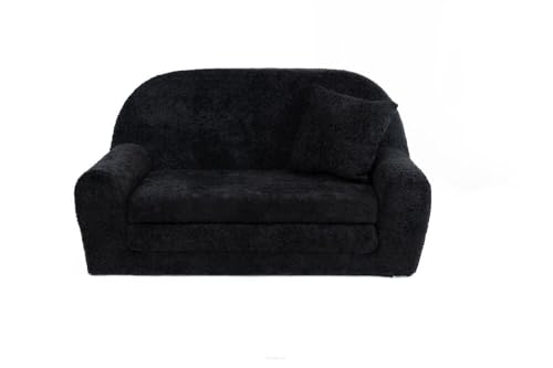 FORTISLINE - Kindersofa David Mini - Ausklappbares Mini-Sofa aus Plüsch mit Verlängerung - Schlafcouch 78 x 45 x 40 cm - Kinder Sitzsofa Oeko-TEX Zertifiziert - inkl. Kissen - in 6 Farben - Schwarz von FORTISLINE