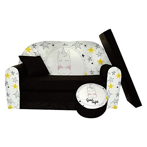 FORTISLINE - Kindersofa ausklappbar 100x60x50 cm - Kindersofa für Kinder 2in1 - Kindercouch ausklappbar - 2-Sitzer - Schlafcouch aus Schaumstoff + Hocker + Kissen - Viele Motive von FORTISLINE