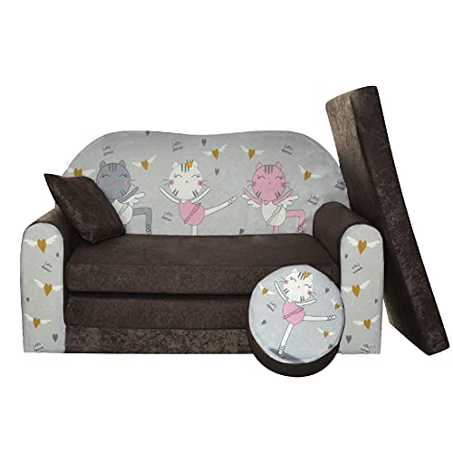 FORTISLINE Kindersofa Kindercouch Aufklappen Bettfunktion + Hocker W319 2 Viele Muster (Kätzchen) von FORTISLINE