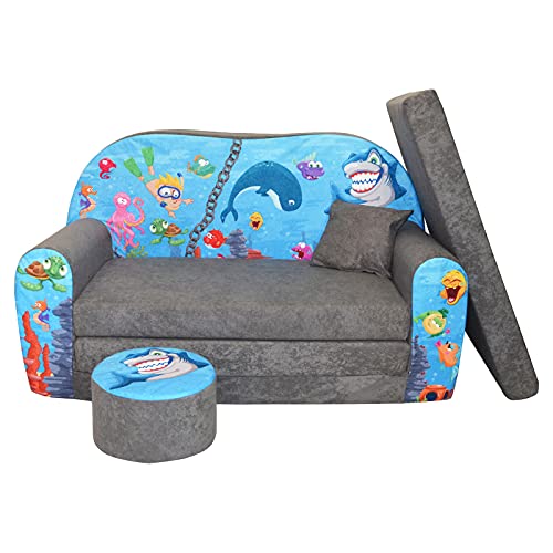 FORTISLINE Kindersofa Kindercouch Aufklappen Bettfunktion + Hocker W319 2 Viele Muster (Ocean II) von FORTISLINE