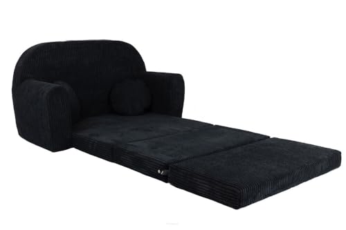 FORTISLINE - Kindersofa Rosalia - Klappsofa mit Verlängerung aus Cord - Schlafcouch 100 x 60 x 50 cm - Ausklappbares Sofa mit 2 Kissen - Oeko-TEX Zertifiziert - in 7 Farben - Schwarz von FORTISLINE