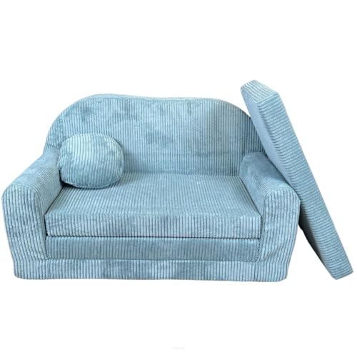 FORTISLINE - Kindersofa Rosalia - Klappsofa mit Verlängerung aus Cord - Schlafcouch 100 x 60 x 50 cm - Ausklappbares Sofa mit 2 Kissen - Oeko-TEX Zertifiziert - in 7 Farben - Türkis von FORTISLINE