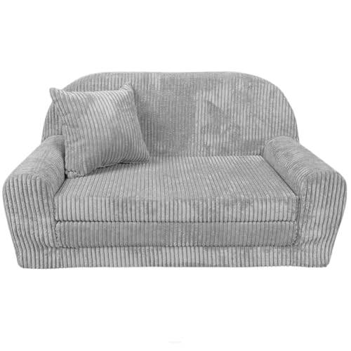 FORTISLINE - Kindersofa Rosalia Mini - Ausklappbares Mini-Sofa aus Cord mit Verlängerung - Schlafcouch 78 x 45 x 40 cm - Kinder Sitzsofa Oeko-TEX Zertifiziert - inkl. Kissen - in 7 Farben - Hellgrau von FORTISLINE