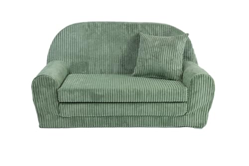 FORTISLINE - Kindersofa Rosalia Mini - Ausklappbares Mini-Sofa aus Cord mit Verlängerung - Schlafcouch 78 x 45 x 40 cm - Kinder Sitzsofa Oeko-TEX Zertifiziert - inkl. Kissen - in 7 Farben - Hellgrün von FORTISLINE