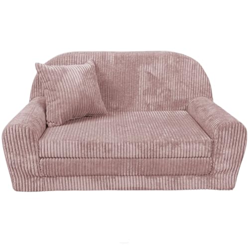 FORTISLINE - Kindersofa Rosalia Mini - Ausklappbares Mini-Sofa aus Cord mit Verlängerung - Schlafcouch 78 x 45 x 40 cm - Kinder Sitzsofa Oeko-TEX Zertifiziert - inkl. Kissen - in 7 Farben - Rosa von FORTISLINE