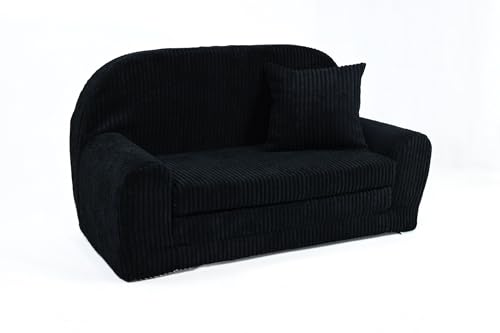 FORTISLINE - Kindersofa Rosalia Mini - Ausklappbares Mini-Sofa aus Cord mit Verlängerung - Schlafcouch 78 x 45 x 40 cm - Kinder Sitzsofa Oeko-TEX Zertifiziert - inkl. Kissen - in 7 Farben - Schwarz von FORTISLINE