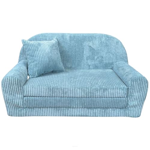 FORTISLINE - Kindersofa Rosalia Mini - Ausklappbares Mini-Sofa aus Cord mit Verlängerung - Schlafcouch 78 x 45 x 40 cm - Kinder Sitzsofa Oeko-TEX Zertifiziert - inkl. Kissen - in 7 Farben - Türkis von FORTISLINE