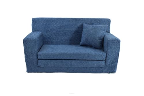 FORTISLINE - Kindersofa ausklappbar 83x47x43cm Oeko-TEX - Spielesofa für Kinder 2in1 - Kindercouch Aufklappen Bettfunktion - Schlafcouch aus Schaumstoff - Teddy-Stoff - Viele Muster (Blau) von FORTISLINE