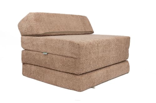 FORTISLINE - Klappmatratze 200x70x10cm mit Kopfteil & Kissen – Gästebett ausklappbar für Kinderzimmer & Camping Matratze – Faltmatratze tragbar – Faltbare Matratze aus Teddy-Stoff – Puderbraun von FORTISLINE