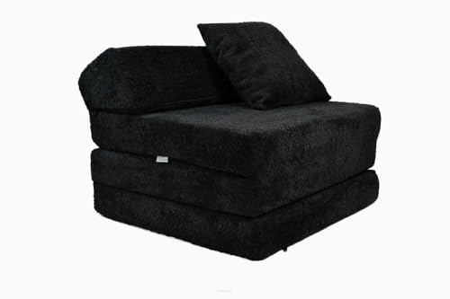 FORTISLINE - Klappmatratze 200x70x10cm mit Kopfteil & Kissen – Gästebett ausklappbar für Kinderzimmer & Camping Matratze – Faltmatratze tragbar – Faltbare Matratze aus Teddy-Stoff – Schwarz von FORTISLINE