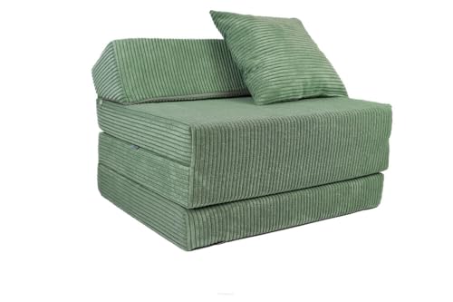 FORTISLINE - Klappmatratze 200x70x10cm mit Kopfteil & Kissen – Gästebett ausklappbar für Kinderzimmer & Camping Matratze Schaumstoff – Faltmatratze tragbar – Faltbare Matratze aus Cord – Hellgrün von FORTISLINE