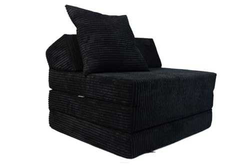 FORTISLINE - Klappmatratze 200x70x10cm mit Kopfteil & Kissen – Gästebett ausklappbar für Kinderzimmer & Camping Matratze Schaumstoff – Faltmatratze tragbar – Faltbare Matratze aus Cord – Schwarz von FORTISLINE