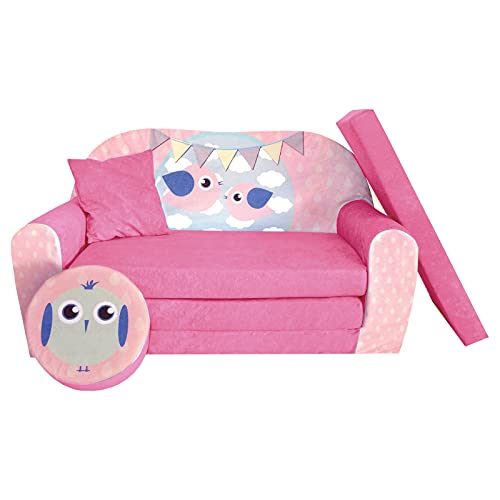 FORTISLINE Kindersofa Kindercouch Aufklappen Bettfunktion + Hocker W319 2 Viele Muster (Bird Pink) von FORTISLINE