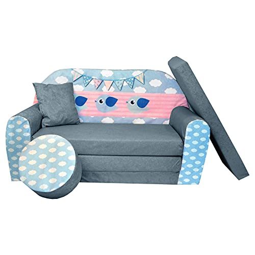 FORTISLINE Kindersofa Kindercouch Aufklappen Bettfunktion + Hocker W319 2 Viele Muster (Cloud Grey) von FORTISLINE