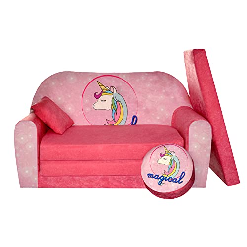 FORTISLINE Kindersofa Kindercouch Aufklappen Bettfunktion + Hocker W319 2 Viele Muster (Einhorn) von FORTISLINE