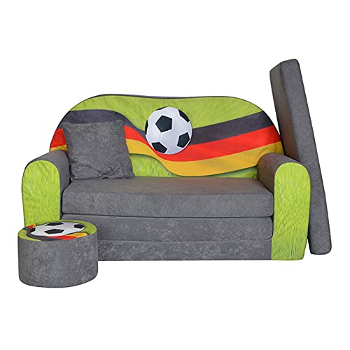 FORTISLINE Kindersofa Kindercouch Aufklappen Bettfunktion + Hocker W319 2 Viele Muster (Fanzone Football DE) von FORTISLINE