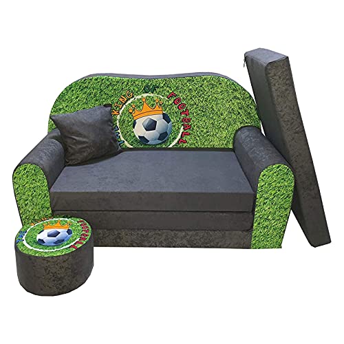 FORTISLINE Kindersofa Kindercouch Aufklappen Bettfunktion + Hocker W319 2 Viele Muster (King of Football) von FORTISLINE