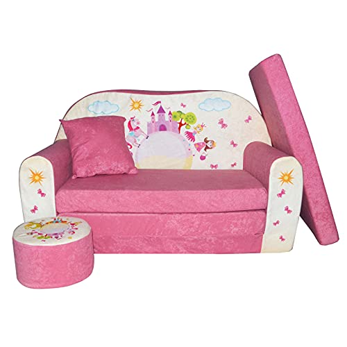 FORTISLINE Kindersofa Kindercouch Aufklappen Bettfunktion + Hocker W319 2 Viele Muster (Pink Castle) von FORTISLINE