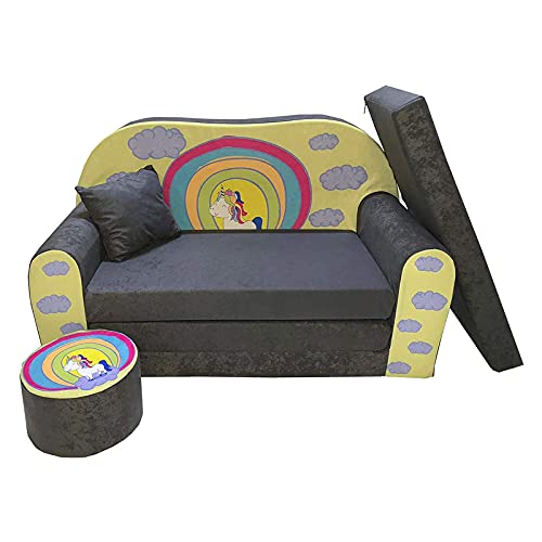 FORTISLINE Kindersofa Kindercouch Aufklappen Bettfunktion + Hocker W319 2 Viele Muster (Pony Regenbogen) von FORTISLINE