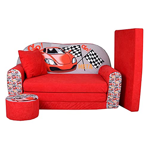 FORTISLINE Kindersofa Kindercouch Aufklappen Bettfunktion + Hocker W319 2 Viele Muster (Racing Car) von FORTISLINE