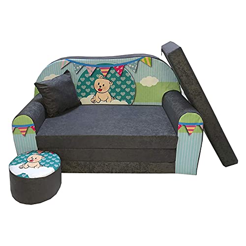 FORTISLINE Kindersofa Kindercouch Aufklappen Bettfunktion + Hocker W319 2 Viele Muster (Teddy Grün) von FORTISLINE