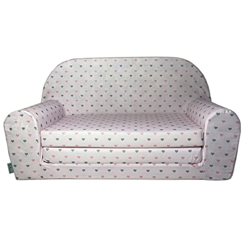 FORTISLINE Kindersofa Mini zum Aufklappen Viele Muster W386 (Beige Herzen Grau/Rosa) von FORTISLINE