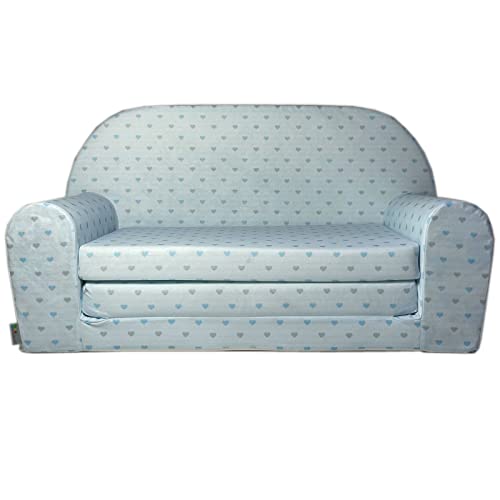 FORTISLINE Kindersofa Mini zum Aufklappen Viele Muster W386 (Blau Herzen Grau/Blau) von FORTISLINE