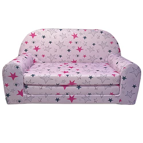 FORTISLINE Kindersofa Mini zum Aufklappen Viele Muster W386 (Rosa Sterne Grau/Pink) von FORTISLINE