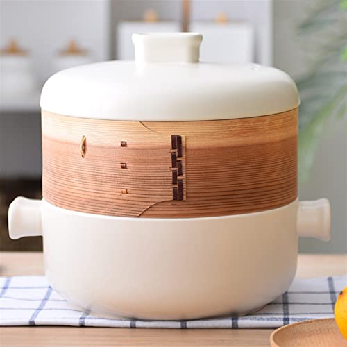 FORVOLWCO Keramik-Auflauftopf im japanischen Stil, mit Dampfeinsatz, Kochtopf, Suppentopf, Heißer Topf mit Deckel, Doppeldecker-Dampfgarer-Auflaufform, 2,5 l (Blanco : Blanco) von FORVOLWCO