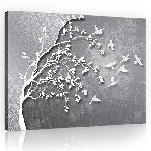 Forwall - Leinwand Bilder - Silber Baum Vögel - 100x75 cm Leinwandbilder - Bild auf leinwand - Wandbild XXL groß Wandbilder für Wohnzimmer Schlafzimmer Wohnzimmerbilder Modern kunstdruck von Forwall